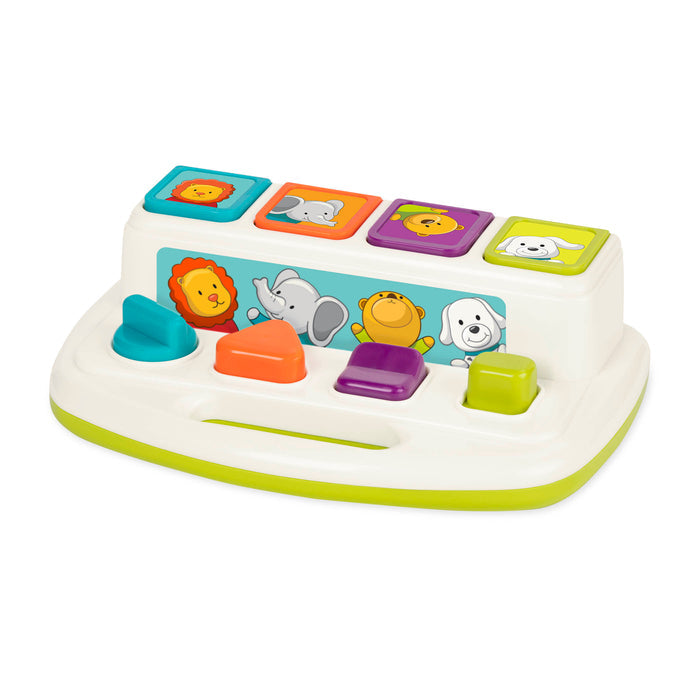 A pop up toy with 4 animals, a lion, elephant, bear, and dog.