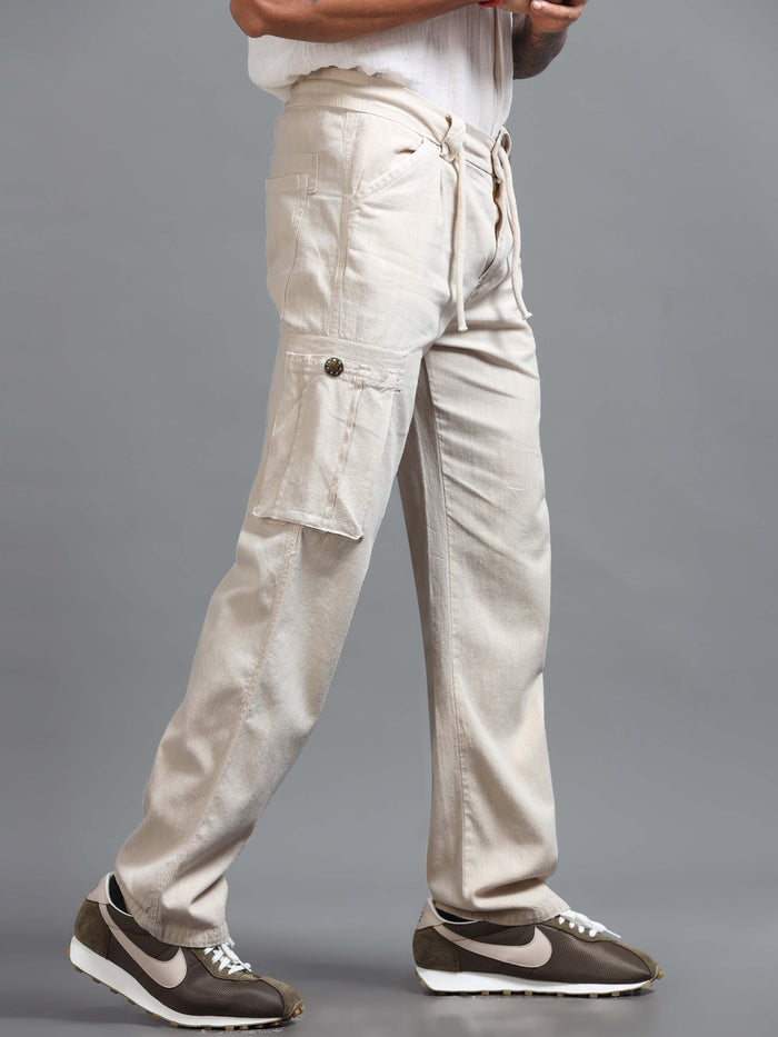 Cream Linen Cargo Pants for Men front view - Portofino Linen Pant by Italian Colony