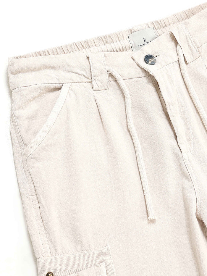 Cream Linen Cargo Pants for Men detail view - Portofino Linen Pant by Italian Colony