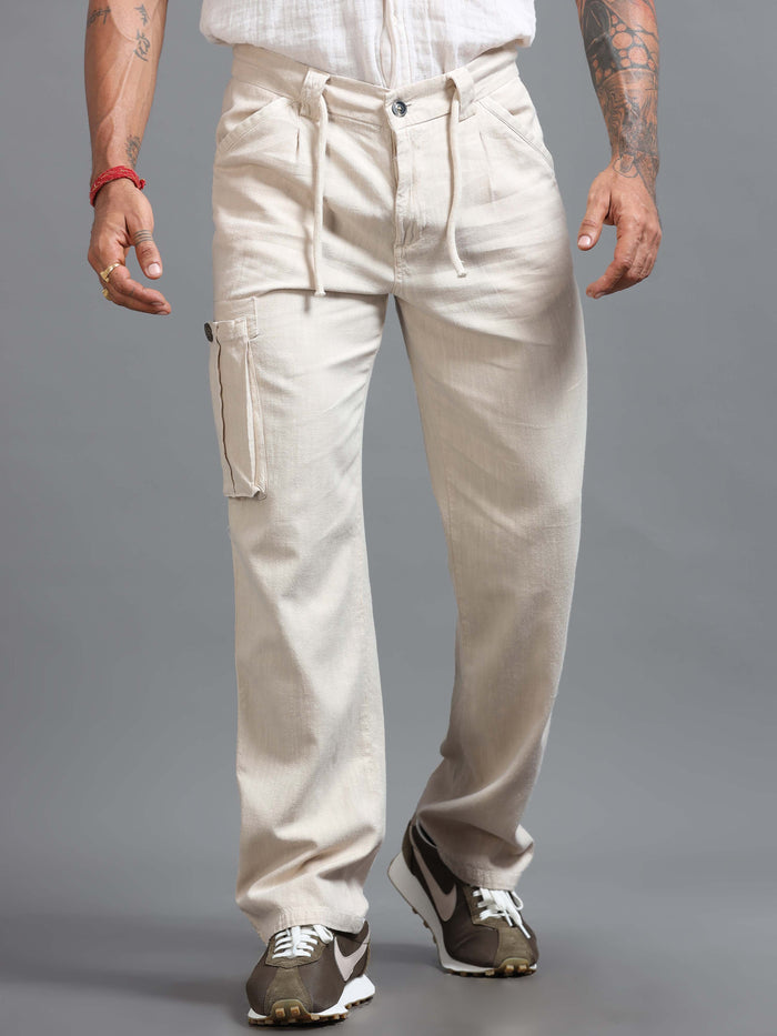 Cream Linen Cargo Pants for Men detail view - Portofino Linen Pant by Italian Colony