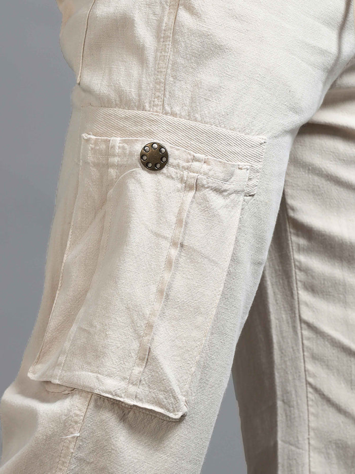 Cream Linen Cargo Pants for Men detail view - Portofino Linen Pant by Italian Colony