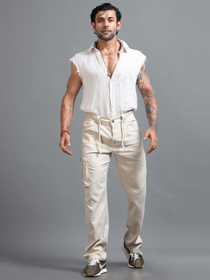 Cream Linen Cargo Pants for Men detail view - Portofino Linen Pant by Italian Colony