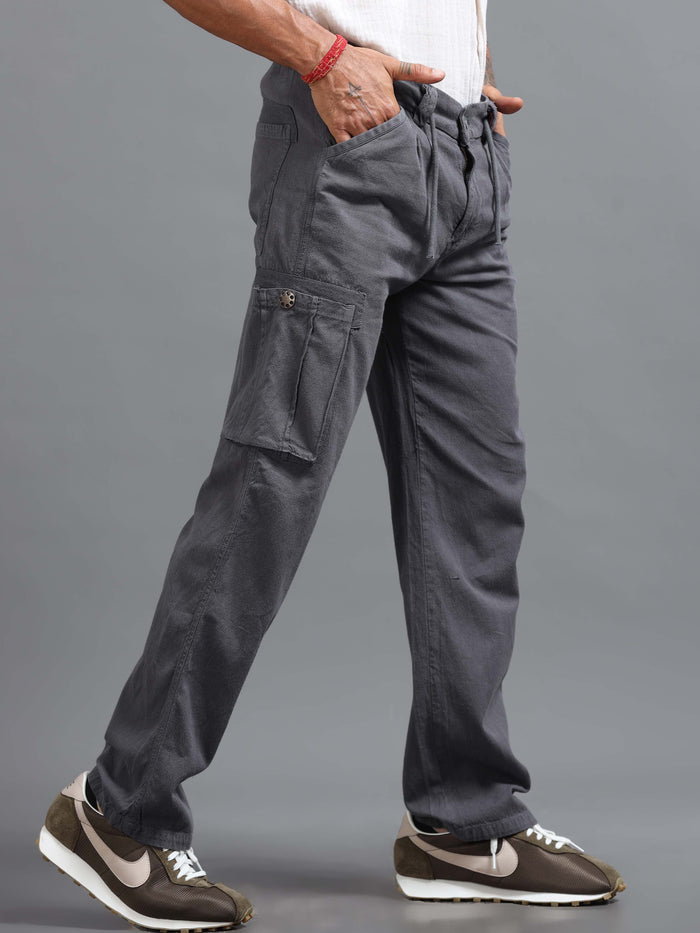 Grey Linen Cargo Pants for Men front view - Portofino Linen Pant by Italian Colony