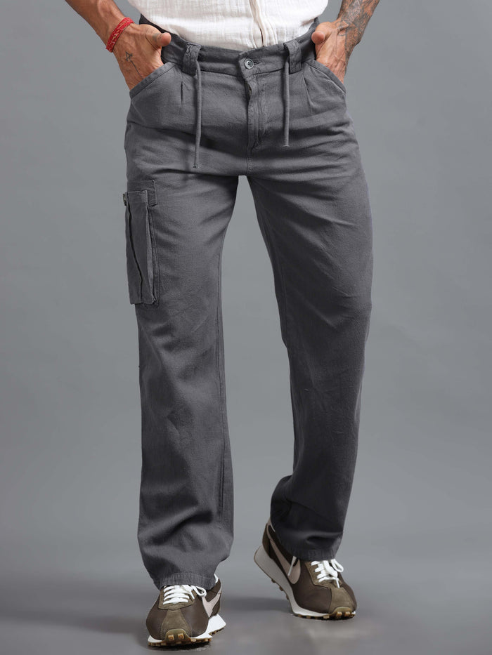 Grey Linen Cargo Pants for Men detail view - Portofino Linen Pant by Italian Colony