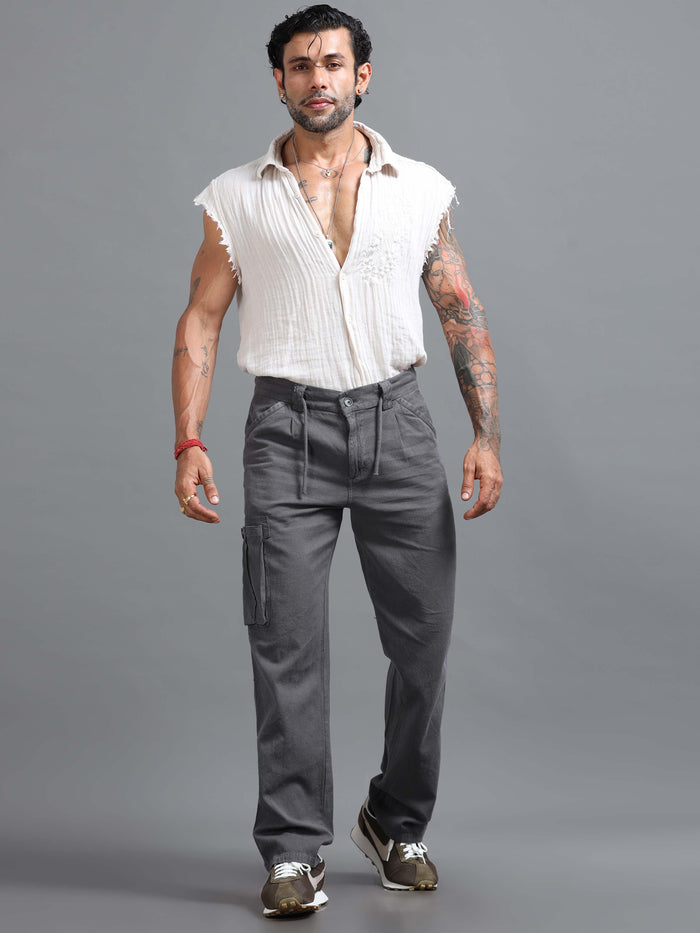 Grey Linen Cargo Pants for Men detail view - Portofino Linen Pant by Italian Colony