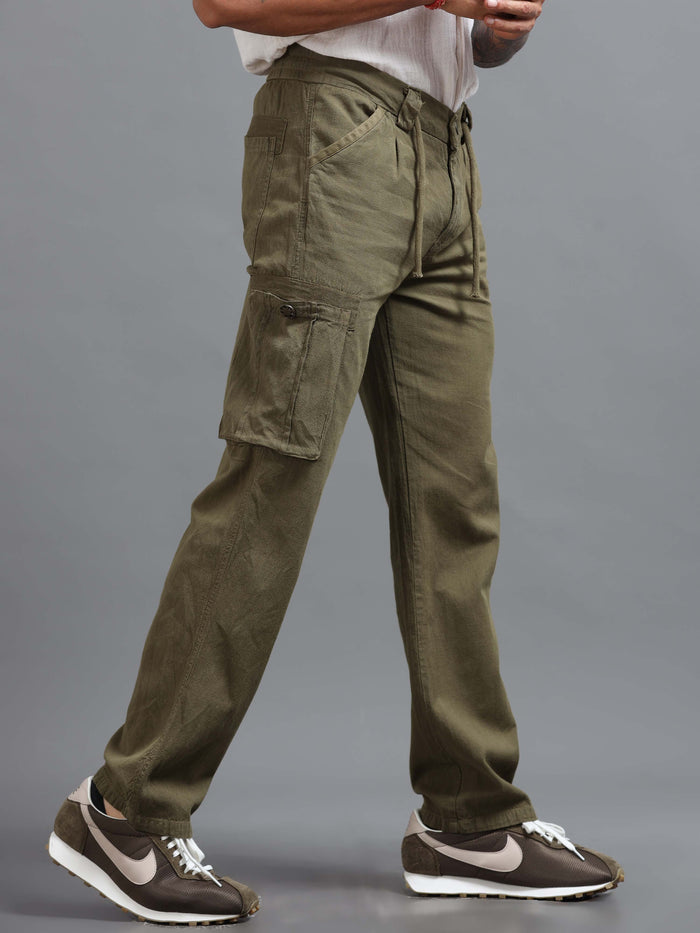 Olive Linen Cargo Pants for Men front view - Portofino Linen Pant by Italian Colony