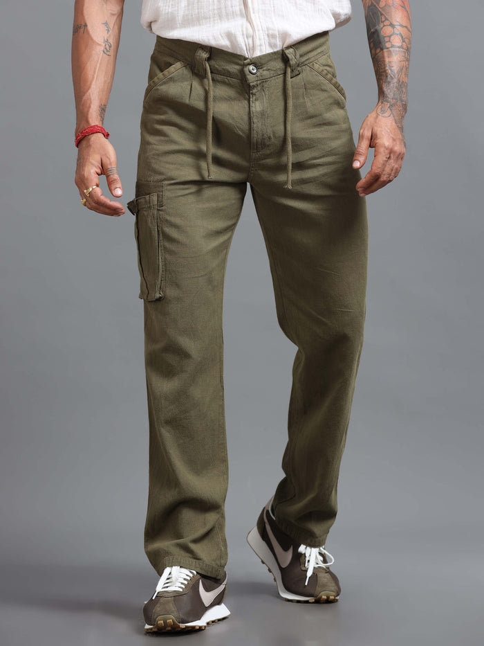 Olive Linen Cargo Pants for Men detail view - Portofino Linen Pant by Italian Colony