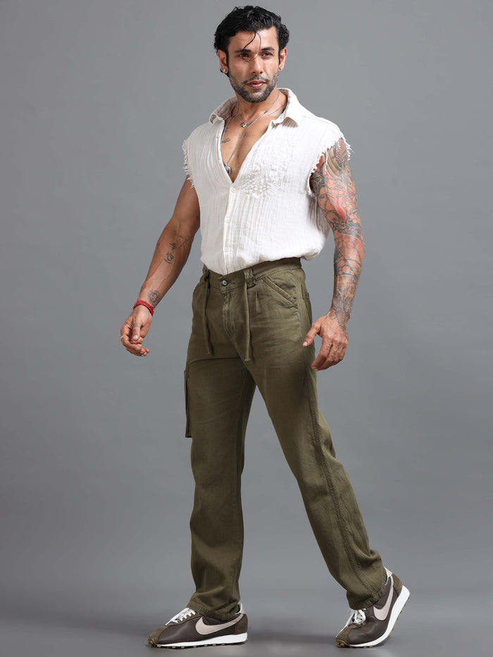 Olive Linen Cargo Pants for Men detail view - Portofino Linen Pant by Italian Colony