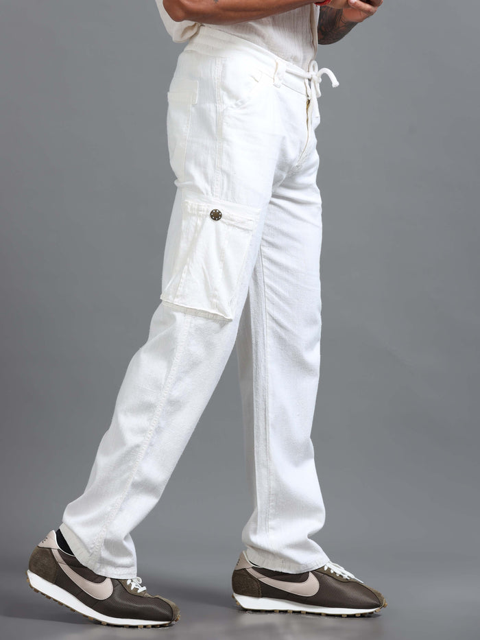 White Linen Cargo Pants for Men front view - Portofino Linen Pant by Italian Colony