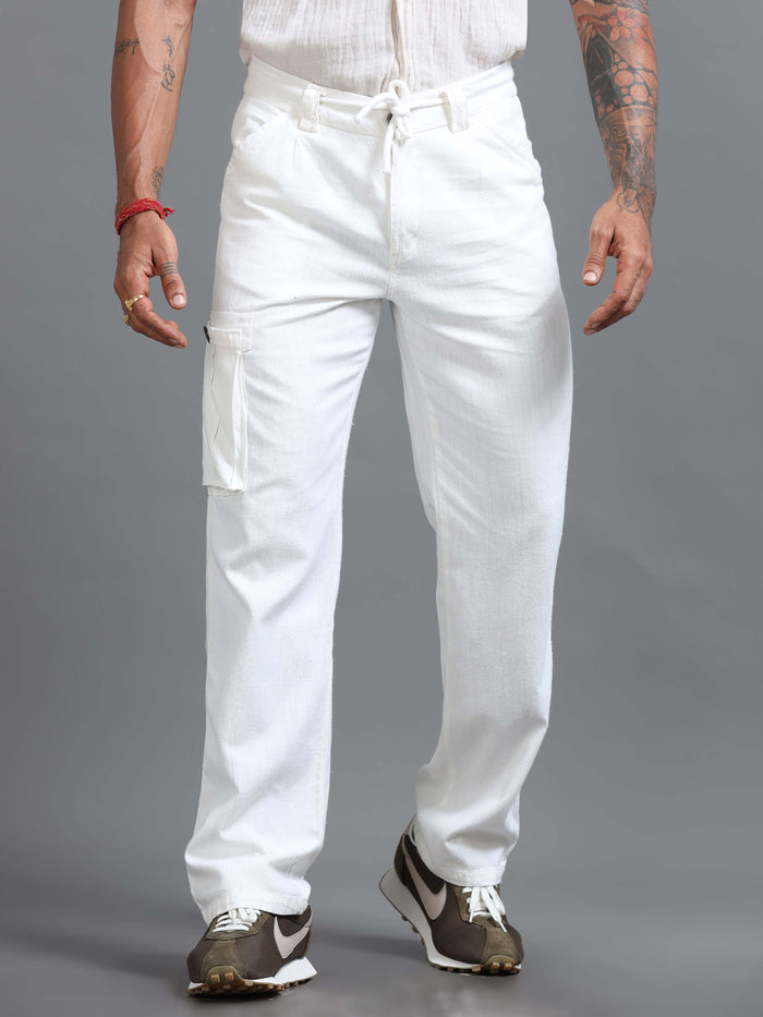 White Linen Cargo Pants for Men detail view - Portofino Linen Pant by Italian Colony