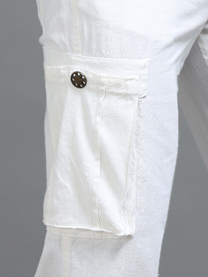 White Linen Cargo Pants for Men detail view - Portofino Linen Pant by Italian Colony
