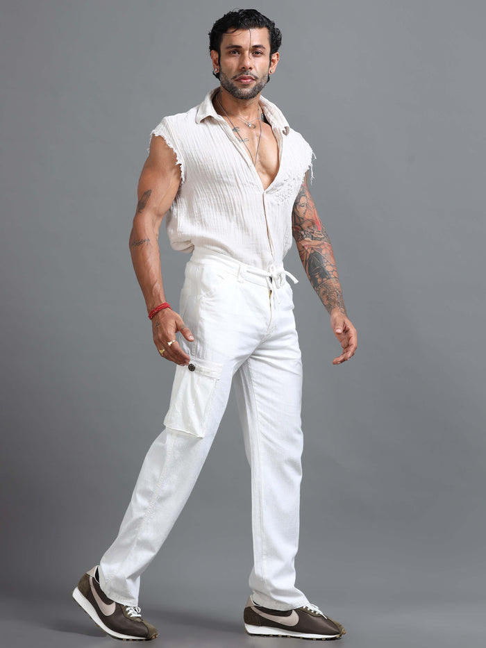 White Linen Cargo Pants for Men detail view - Portofino Linen Pant by Italian Colony