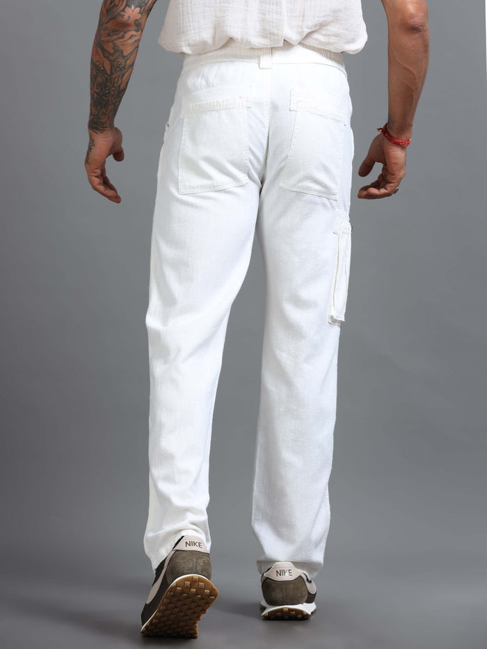 White Linen Cargo Pants for Men detail view - Portofino Linen Pant by Italian Colony