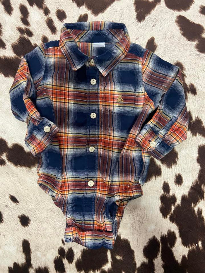 Pre-Loved Baby Gap Blue/Orange Bear Plaid Bodysuit *12-18 Months - Deer Creek Mercantile