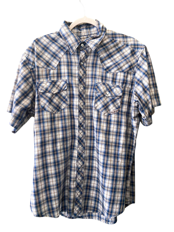 Pre-Loved Wrangler Wrancher Blue/Brown Plaid Pearl Snap Shirt *Size Large - Deer Creek Mercantile