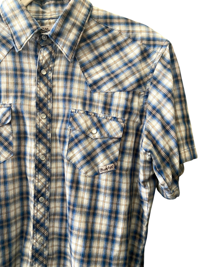 Pre-Loved Wrangler Wrancher Blue/Brown Plaid Pearl Snap Shirt *Size Large - Deer Creek Mercantile