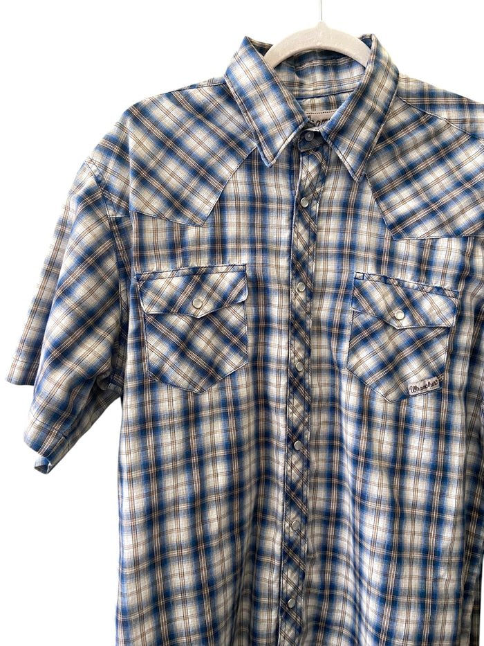 Pre-Loved Wrangler Wrancher Blue/Brown Plaid Pearl Snap Shirt *Size Large - Deer Creek Mercantile