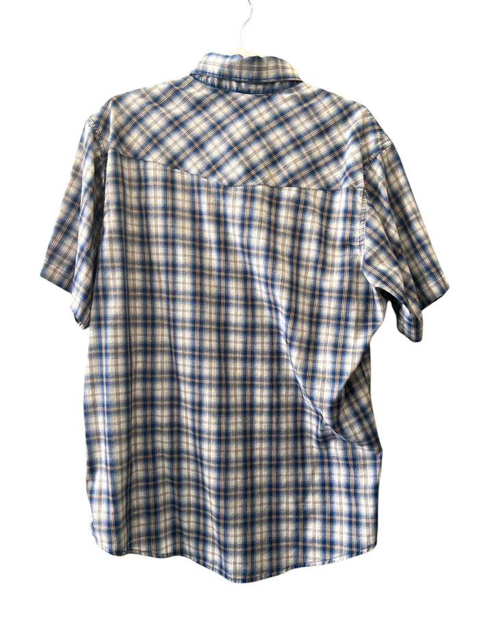 Pre-Loved Wrangler Wrancher Blue/Brown Plaid Pearl Snap Shirt *Size Large - Deer Creek Mercantile