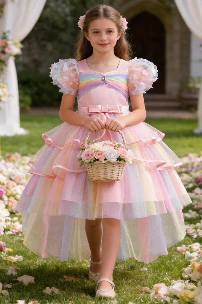 Princess Flower Puff Sleeve Pastel Rainbow High-Low Tulle Flower Girl Dresses 1030166757920