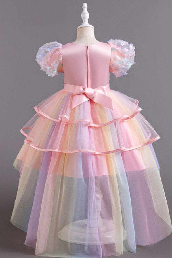 Princess Flower Puff Sleeve Pastel Rainbow High-Low Tulle Flower Girl Dresses 1030166757920