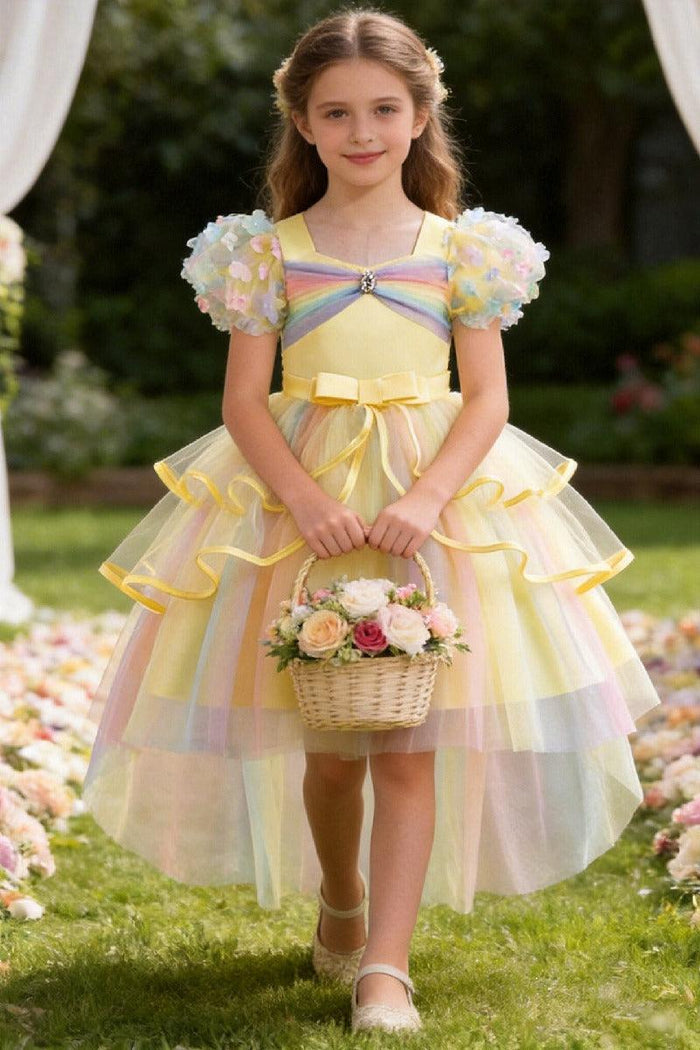 Princess Flower Puff Sleeve Pastel Rainbow High-Low Tulle Flower Girl Dresses 1030166757920