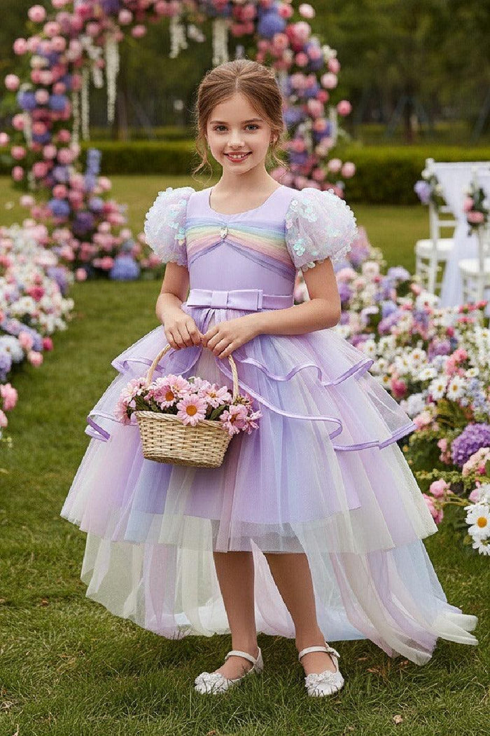 Princess Flower Puff Sleeve Pastel Rainbow High-Low Tulle Flower Girl Dresses 1030166757920