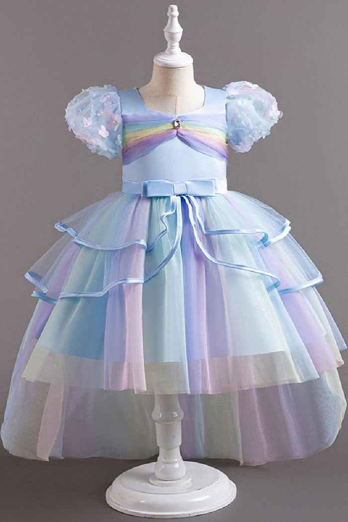 Princess Flower Puff Sleeve Pastel Rainbow High-Low Tulle Flower Girl Dresses 1030166757920