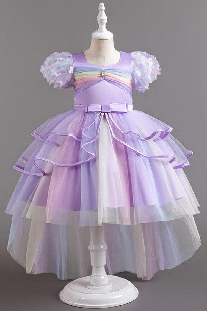 Princess Flower Puff Sleeve Pastel Rainbow High-Low Tulle Flower Girl Dresses 1030166757920
