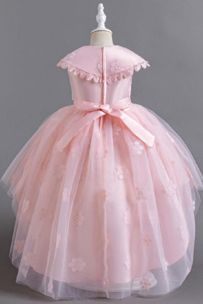 Princess Peter Pan Collar Lace Trim High-Low Floral Tulle Flower Girl Dresses 1030171849352