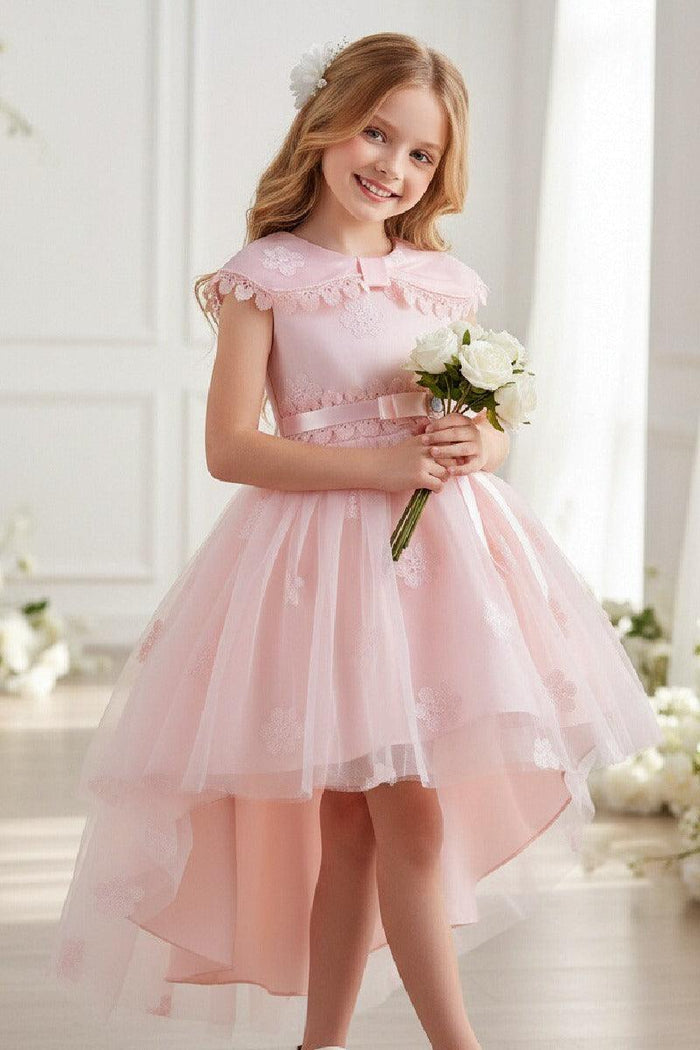Princess Peter Pan Collar Lace Trim High-Low Floral Tulle Flower Girl Dresses 1030171849352