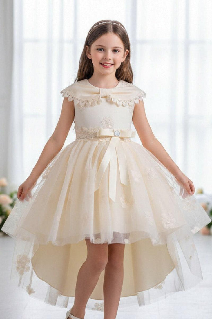 Princess Peter Pan Collar Lace Trim High-Low Floral Tulle Flower Girl Dresses 1030171849352