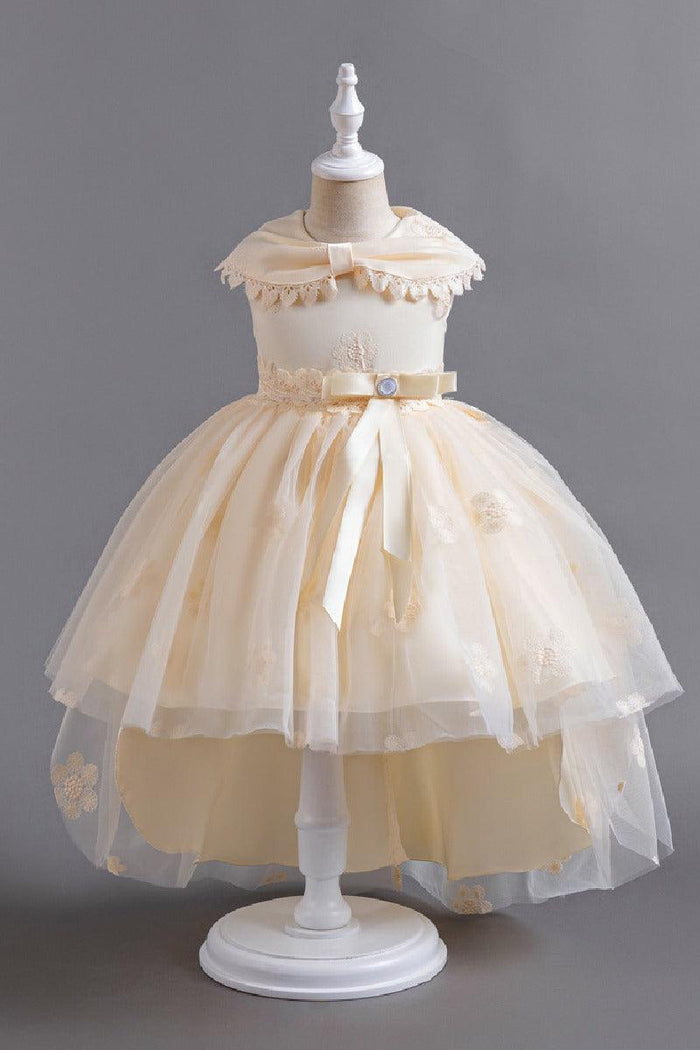 Princess Peter Pan Collar Lace Trim High-Low Floral Tulle Flower Girl Dresses 1030171849352