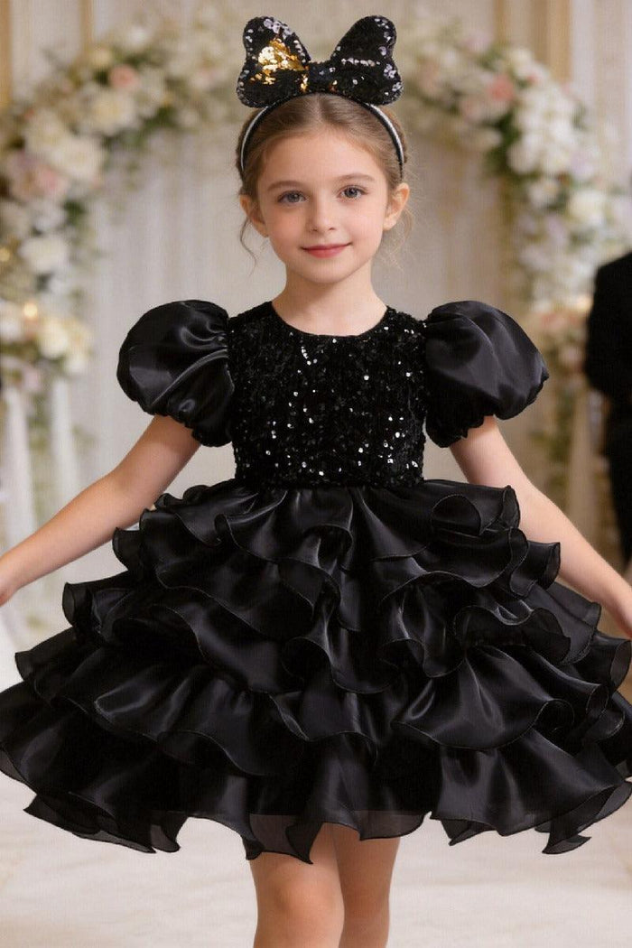 Princess Puff Sleeve Sequin Ruffled Organza Knee Length Flower Girl Dresses 1029252510739