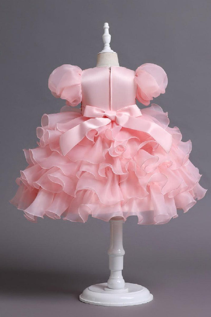 Princess Puff Sleeve Sequin Ruffled Organza Knee Length Flower Girl Dresses 1029252510739