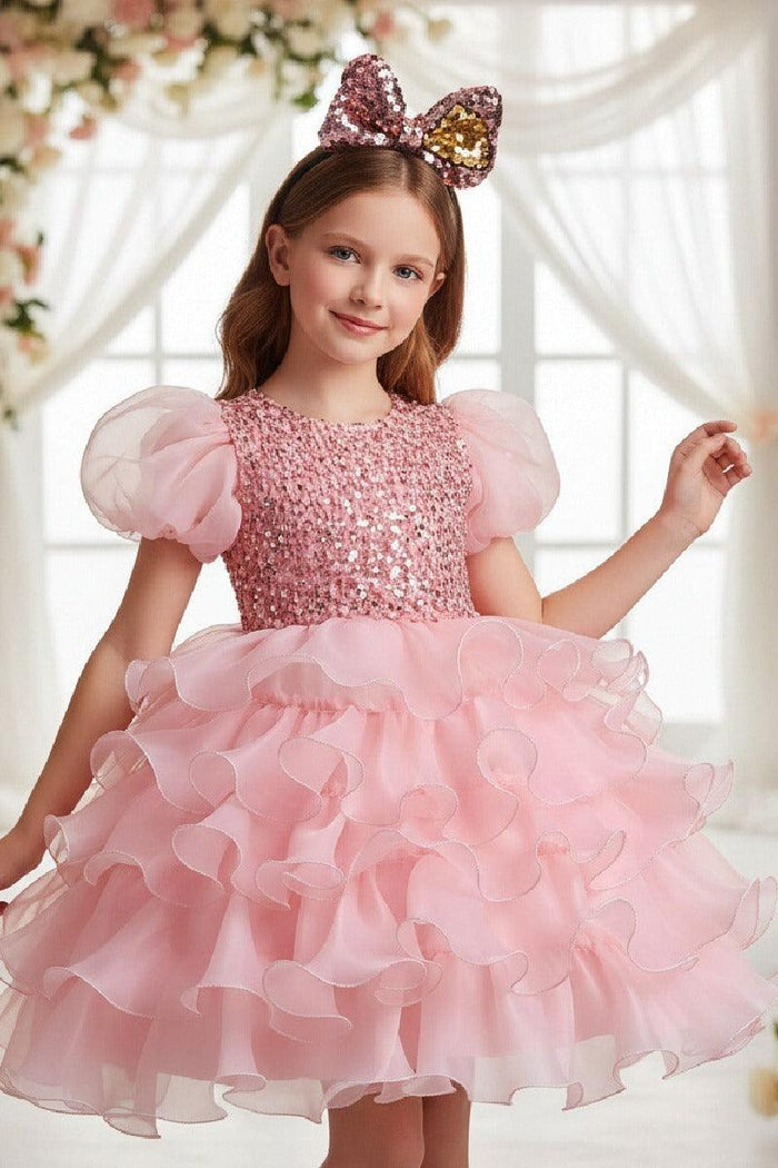 Princess Puff Sleeve Sequin Ruffled Organza Knee Length Flower Girl Dresses 1029252510739