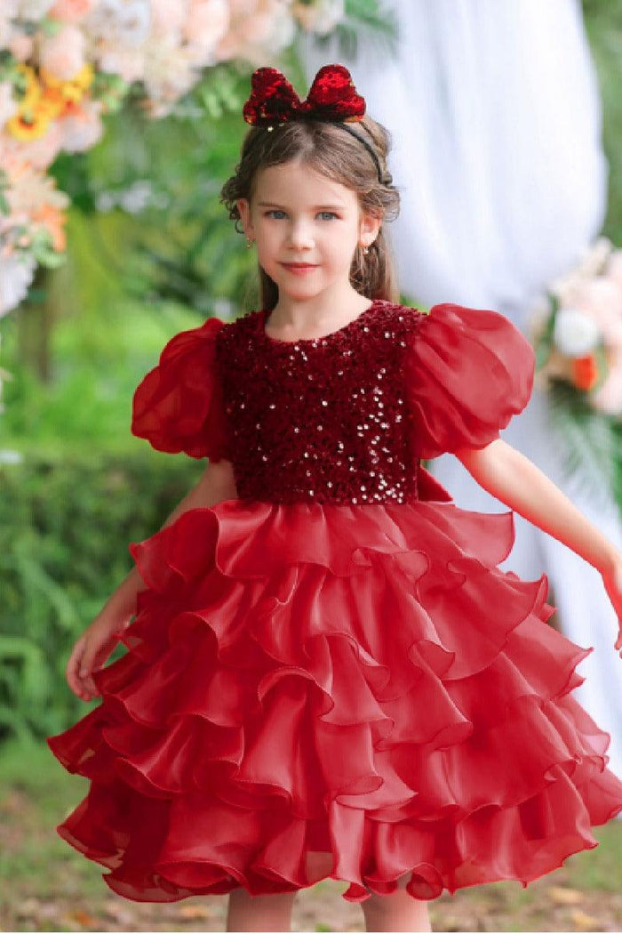 Princess Puff Sleeve Sequin Ruffled Organza Knee Length Flower Girl Dresses 1029252510739