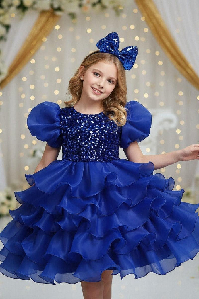 Princess Puff Sleeve Sequin Ruffled Organza Knee Length Flower Girl Dresses 1029252510739