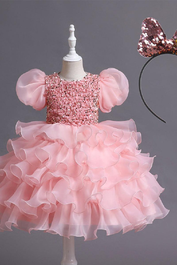 Princess Puff Sleeve Sequin Ruffled Organza Knee Length Flower Girl Dresses 1029252510739
