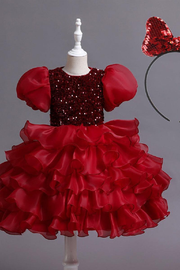 Princess Puff Sleeve Sequin Ruffled Organza Knee Length Flower Girl Dresses 1029252510739