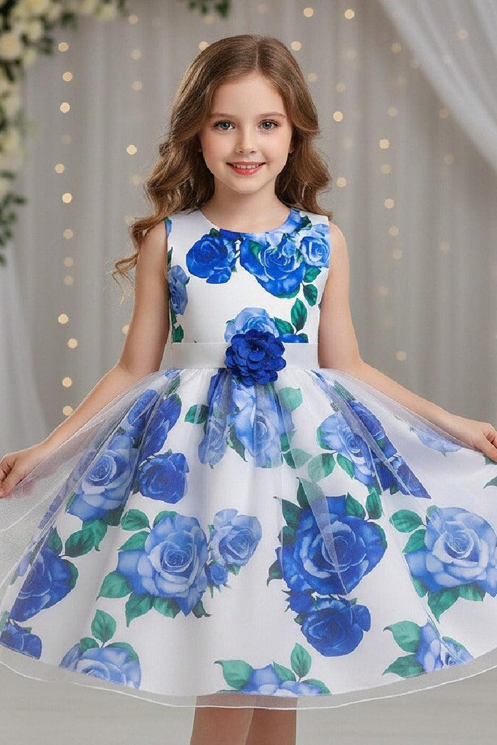 Princess Sleeveless Round Neck Floral Print Knee Length Stain Flower Girl Dresses 1029258726192