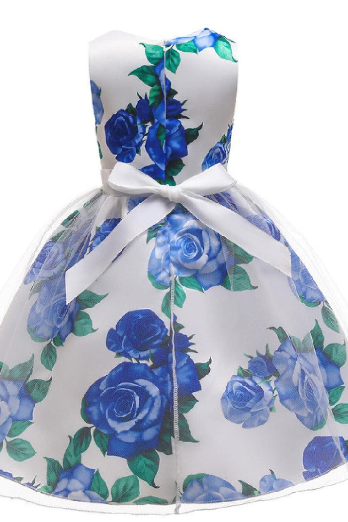 Princess Sleeveless Round Neck Floral Print Knee Length Stain Flower Girl Dresses 1029258726192