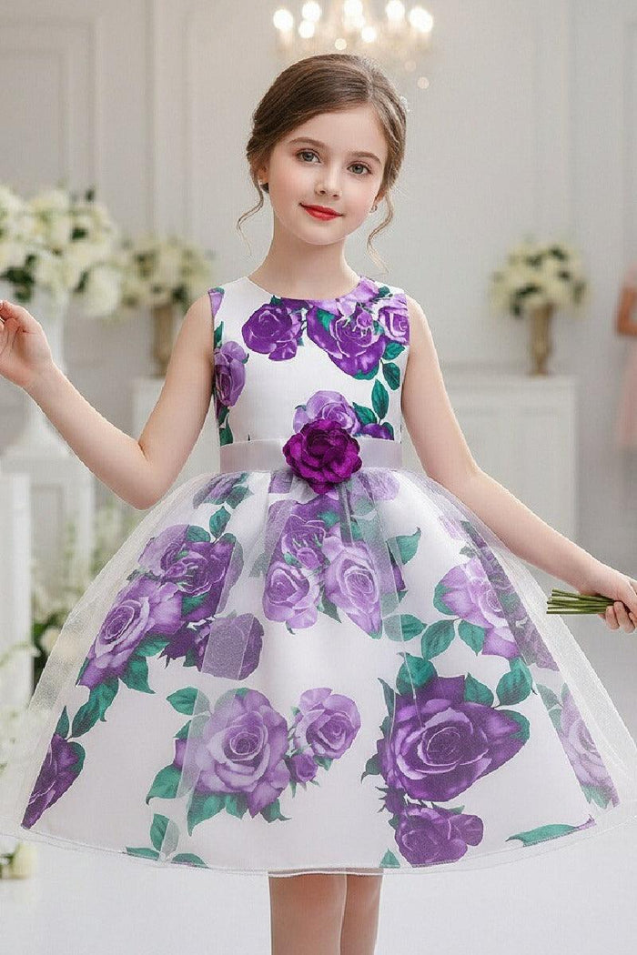 Princess Sleeveless Round Neck Floral Print Knee Length Stain Flower Girl Dresses 1029258726192