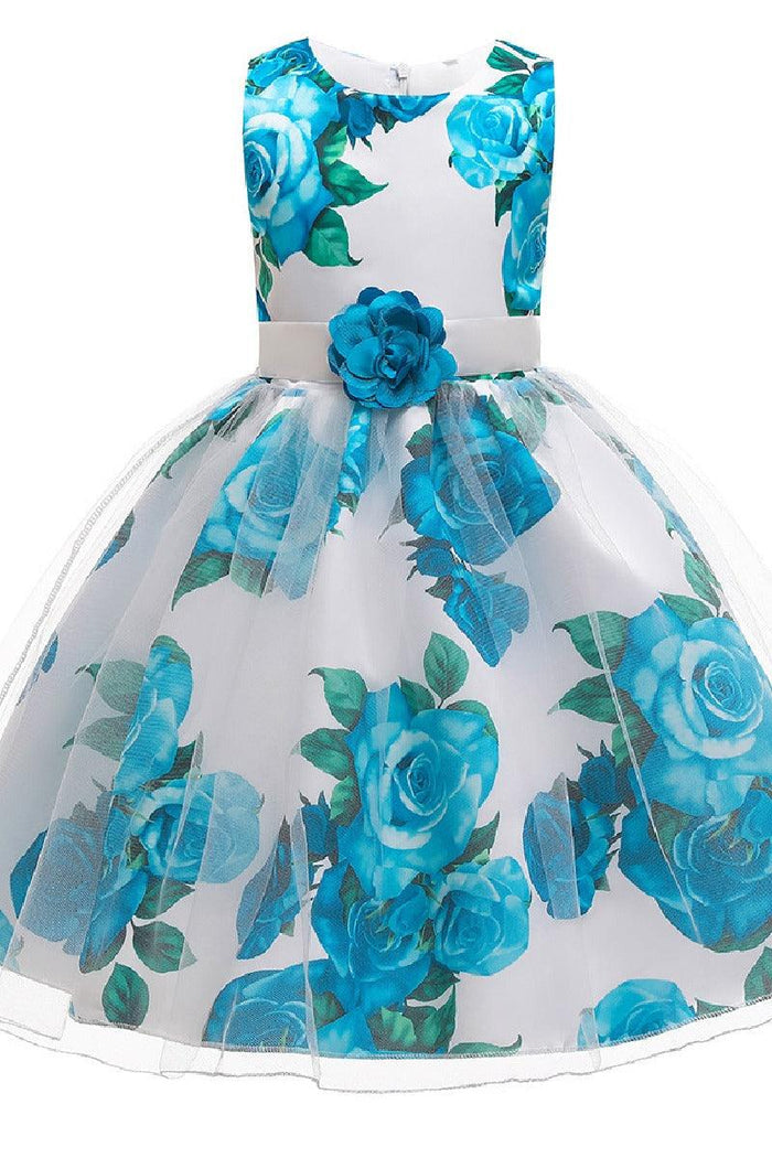 Princess Sleeveless Round Neck Floral Print Knee Length Stain Flower Girl Dresses 1029258726192