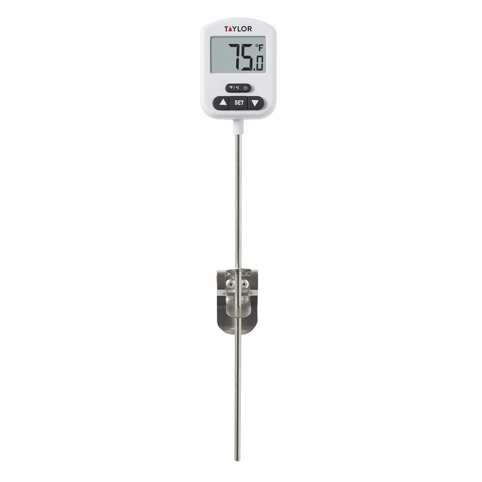 Programmable digital candy and deep fry thermometer with LCD display and control buttons.