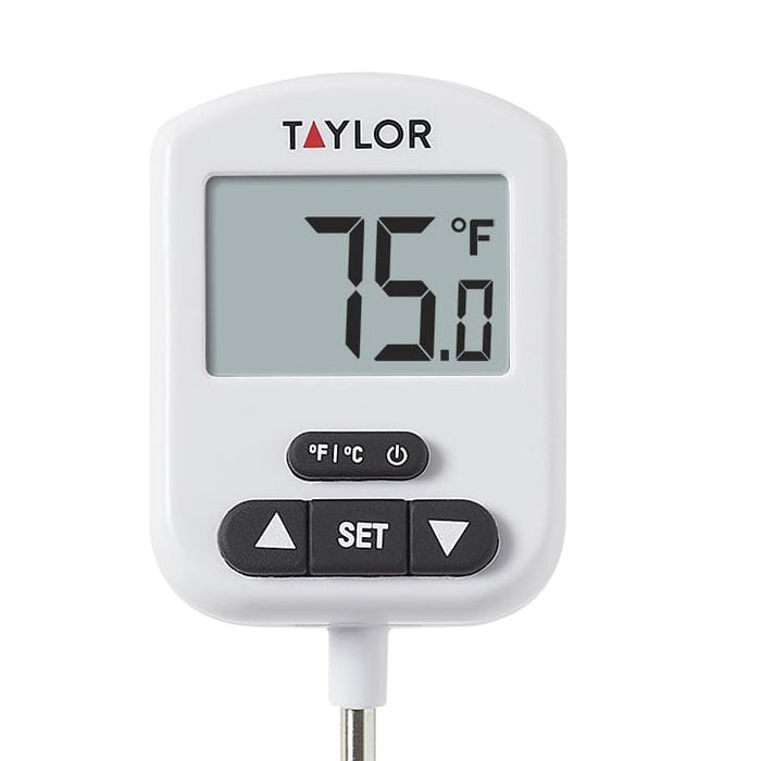 Front view of Taylor digital thermometer displaying 75.0°F with SET and arrow buttons