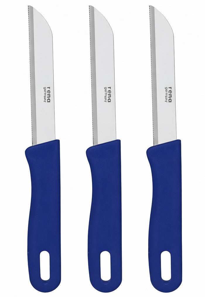 Three knives with blue handles and stainless steel blades on a white background