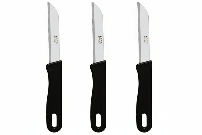 Three knives with black handles and silver blades on a white background