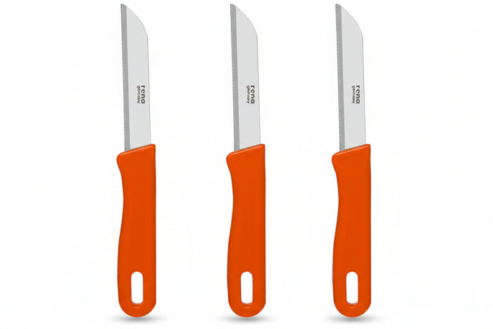 Three knives with orange handles and silver blades on a white background