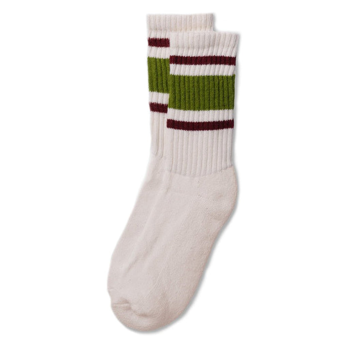 Pair of white ribbed crew socks with wide green bands and thin burgundy stripes near the top