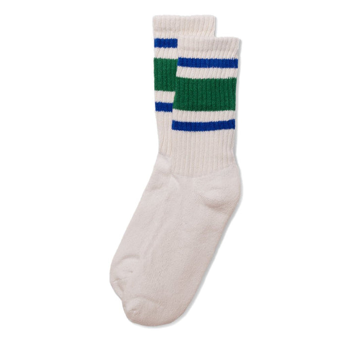Pair of white ribbed crew socks with wide green bands and thin blue stripes near the top